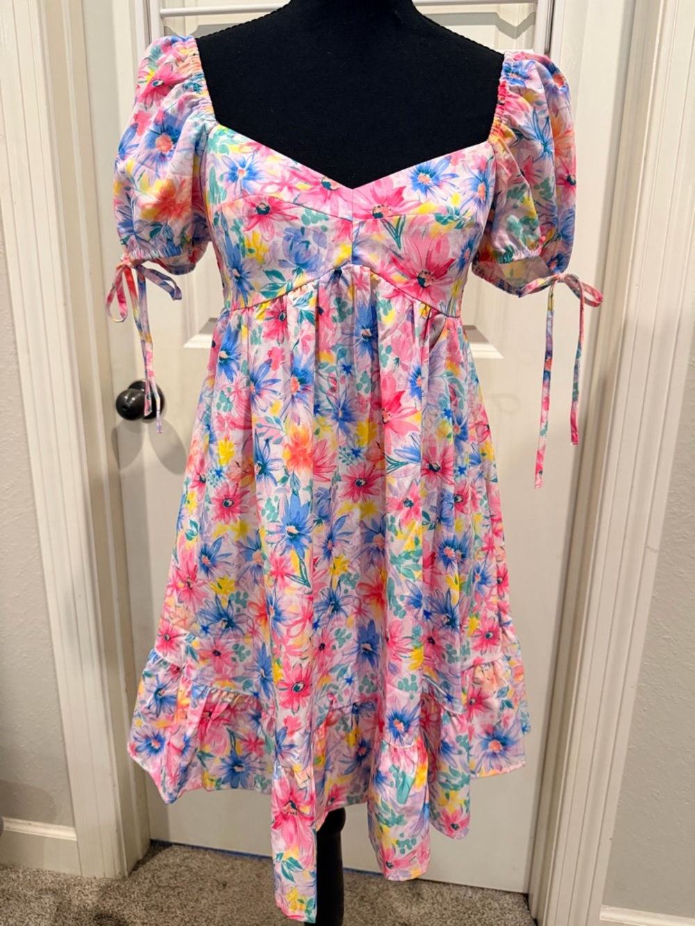 SHEIN Pink Multicolor Floral Ruffle Puff-Sleeve Casual Dress